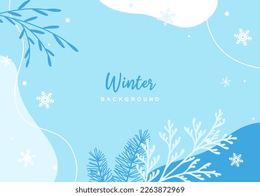 Winter minimal background with Christmas tree branches, blue flowers, snowflakes. Merry Christmas banner template. Vector design of christmas elements for greeting card, cover, social media 