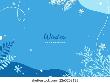 Winter minimal background with Christmas tree branches, blue flowers, snowflakes. Merry Christmas banner template. Vector design of christmas elements for greeting card, cover, social media 