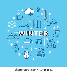 winter minimal outline icons, vector pictogram set