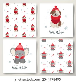 Tarjetas minimalistas de invierno y patrones sin fisuras con perro lindo y elefante. Animales de invierno. Cartel de Navidades. 