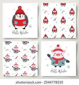 Winter minimalistic cards and seamless patterns with cute hedgehog and pig. Winter animals. Christmas poster. 
