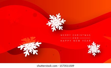 Winter minimalistic festive red background with liquid wave shapes and volumetric snowflakes for poster, banners, flyers, card.