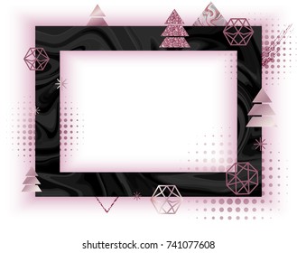 Winter minimalistic frame in trendy scandinavian geometric style with border, marble gold rose texture, christmas tree silhouette, snowflakes, metal foil and glitter, holiday vector invitation
