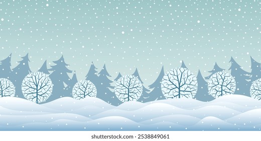 Winter minimalistic landscape, forest and snowfall, vector illustration