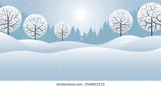 Paisaje minimalista de invierno, bosque y nevadas, Ilustración vectorial