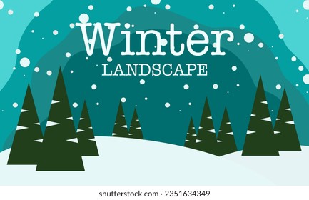 Winter minimalistic landscape,Vector illustration.Cartoon wallpaper. Cold weather. Winter season. Forest trees and mountains. Design for 