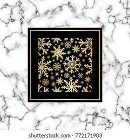 Winter minimalistic marble poster or background, party invitation template with golden foil texture, holidays celebration banner, trendy scandinavian geometric style vector illustration.