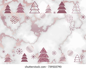 Winter minimalistic poster in trendy scandinavian geometric style with marble gold rose texture, christmas tree silhouette, snowflakes, metal foil and glitter, holiday invitation template