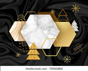 Winter minimalistic poster in trendy scandinavian geometric style with marble stone texture, christmas tree silhouette, snowflakes, hexagons, metal foil and glitter, holiday invitation template