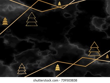 Winter minimalistic poster in trendy scandinavian geometric style with lines, marble stone texture, christmas tree silhouette, snowflakes, metal foil and glitter, holiday invitation template