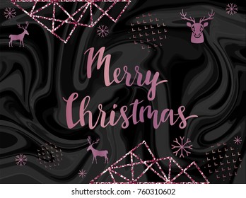 Winter minimalistic poster in trendy scandinavian geometric style with lines, marble stone texture, christmas tree silhouette, snowflakes, metal rose foil and glitter, holiday invitation template