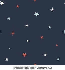 Winter minimalistic seamless dark pattern. Snowflakes on a blue background. Vector illustration.