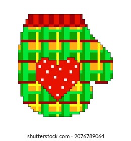 Winter mitten with a heart. Design element. Embroidery. Pixel graphics.