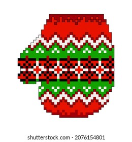 Winter mitten with an ornament. Design element. Embroidery. Pixel graphics.