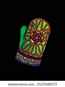 Winter mitten with a pattern and a flower. Original vector illustration in vintage style. T-shirt design. Hand drawn, not AI