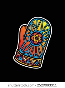 Winter mitten with a pattern and a flower. Original vector illustration in vintage style. T-shirt design. Hand drawn, not AI