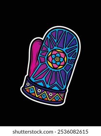 Manopla de invierno con un patrón y una flor. Ilustración vectorial original en estilo vintage. Diseño de camiseta. Dibujado a mano, no AI