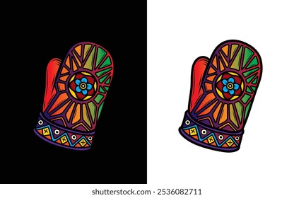 Winter mitten with a pattern and a flower. Original vector illustration in vintage style. T-shirt design. Hand drawn, not AI
