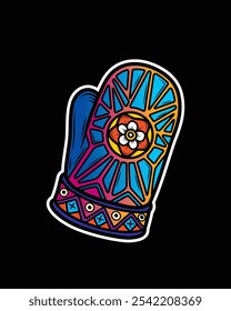 Winter mitten with a pattern and a flower. Original vector illustration in vintage style. T-shirt design. Hand drawn, not AI