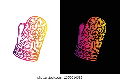 Winter mitten with a pattern and a flower. Original vector illustration in vintage style. T-shirt design. Hand drawn, not AI