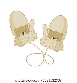 Winter mittens with bears. Isolated vector element on a white background for children s books, postcards, banners, educational illustrations.