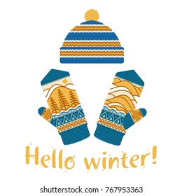 Winter mittens and cap illustrations in soft vintage colors. Mittens logo templates with the image of mountains and pine. Vector illustrations isolated on white background.