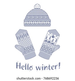 Winter mittens and cap illustrations in soft vintage colors. Mittens logo templates with the image of mountains and pine. Vector illustrations isolated on white background.