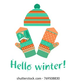 Winter mittens and cap illustrations in soft vintage colors. Mittens logo templates with the image of mountains and pine. Vector illustrations isolated on white background.