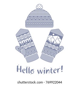 Winter mittens and cap illustrations in soft vintage colors. Mittens logo templates with the image of mountains and pine. Vector illustrations isolated on white background.