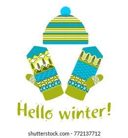 Winter mittens and cap illustrations in soft vintage colors. Mittens logo templates with the image of mountains and pine. Vector illustrations isolated on white background.
