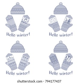 Winter mittens and cap illustrations in soft vintage colors. Mittens logo templates with the image of mountains and pine. Vector illustrations isolated on white background.