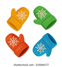 Winter Mittens Colorful Set. Seasonal Accessory. Vector illustration of knitted realistic christmas items with snowflake on blue. Cold winter fashion concept