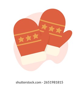 Winter mittens decorated with yellow stars, mittens colored in red and cream, mittens reflecting warmth and joy, perfect for holiday-themed designs.