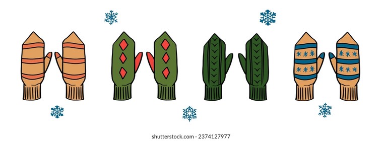 Winter mittens with different patterns. Warm knitted gloves and mittens set. Cute woolen or knitted gloves for cold frosty weather isolated on white background. Cartoon flat vector illustration