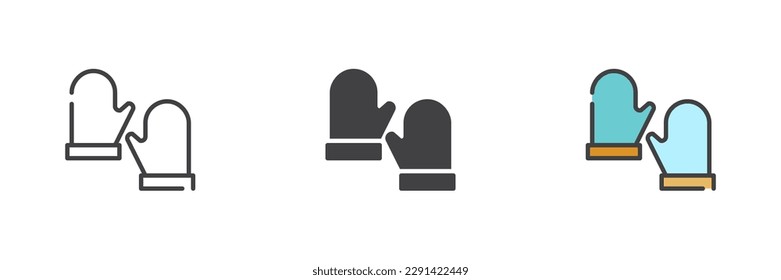 Winter mittens different style icon set. Line, glyph and filled outline colorful version, outline and filled vector sign. Symbol, logo illustration. Vector graphics