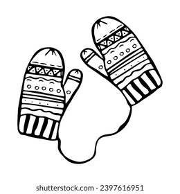 Winter mittens in doodle style on isolated white background.Winter season.Knitting.Vector illustration.