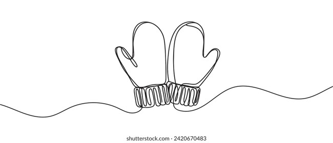 Winter mittens drawn in one continuous line, vector illustration.