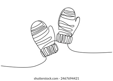 Winter Mittens drawn one continuous line, vector illustration