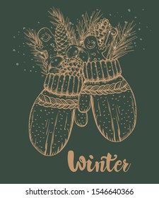 Winter mittens filled with gingerbread cookie, cinnamon sticks, conifer cone, fir tree leaves. Green background. Christmas holidays vector