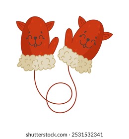 Winter mittens with fox. Isolated vector element on a white background for children s books, postcards, banners, educational illustrations.