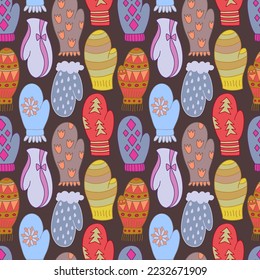 Winter mittens and gloves seamless pattern with different texture and color. For textile, wrapping paper, packaging.
