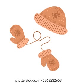 Winter mittens and hat. Cozy winter warm clothes. Set of mittens and hat isolated on white background. Vector design.