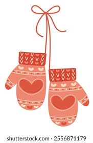 Winter mittens with hearts. Flat style.