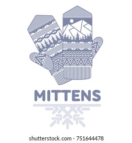 Winter mittens illustrations in soft vintage colors. Mittens logo templates with the image of mountains and pine. Vector illustrations isolated on white background.