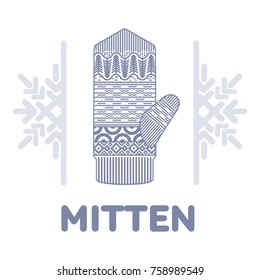 Winter mittens illustrations in soft vintage colors. Mittens logo templates with the image of mountains and pine. Vector illustrations isolated on white background.
