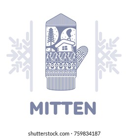 Winter mittens illustrations in soft vintage colors. Mittens logo templates with the image of mountains and pine. Vector illustrations isolated on white background.
