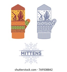 Winter mittens illustrations in soft vintage colors. Mittens logo templates with the image of mountains and pine. Vector illustrations isolated on white background.