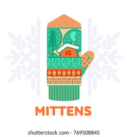 Winter mittens illustrations in soft vintage colors. Mittens logo templates with the image of mountains and pine. Vector illustrations isolated on white background.