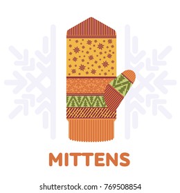 Winter mittens illustrations in soft vintage colors. Mittens logo templates with the image of mountains and pine. Vector illustrations isolated on white background.