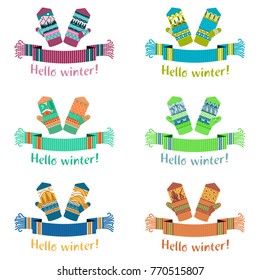 Winter mittens illustrations in soft vintage colors. Mittens logo templates with the image of mountains and pine. Vector illustrations isolated on white background.
